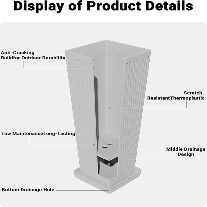 Tall Planters for Outdoor Plants Set of 2, 23.6" Large Taper Flower Plant Pots with Drainage Hole and Drainage Trays, Weather-Resistant Plastic planters for Patio, Porch, Garden, Grey Rootora
