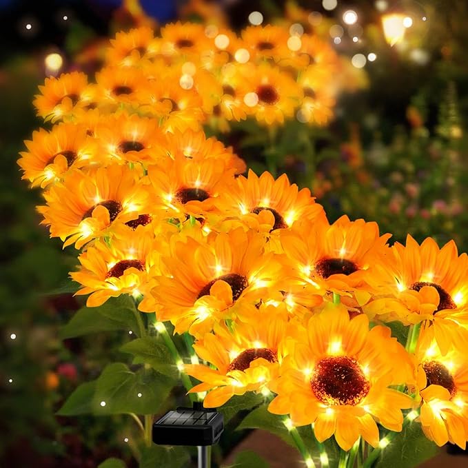 4 Pack with 24 Solar Sunflower Lights Outdoor Decorative Lights for Garden, Birthday Gift for Mom and Friends, IP65 Waterproof Sunflower Garden Stake Lights for Yard Patio Lawn Pathway yulloyello