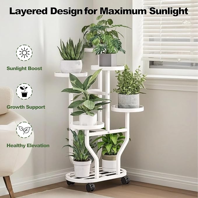 Plant Stand 5 Tier Indoor Outdoor Metal Flower Shelf with Wheels Multi Plants Holder Display Rack for Garden Patio Balcony Living Room White (White, 5 Tier) YIZAIJIA