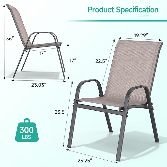 Patio Chairs Set of 2, Easily Set Up Stackable Outdoor Dining Chairs with High Back and Wide Seat, All Weather Breathable Outdoor Chairs Set of 2 with Metal Frame for Backyard Deck Pool, Brown Dovov