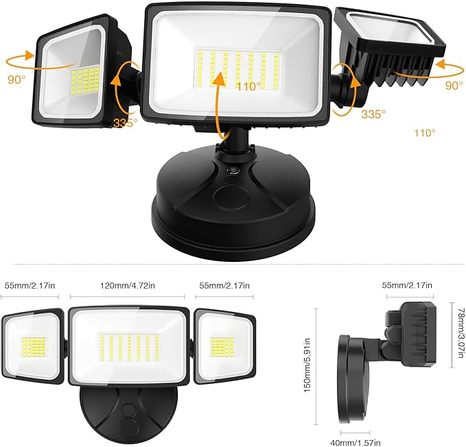Onforu 75W Flood Lights Outdoor, 7000LM Brightness Security Lights Switch Controlled, 3 Adjustable Heads, IP65 Waterproof, 6500K Wall Mount Exterior LED Flood Light Onforu