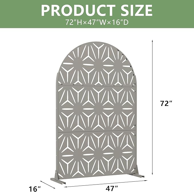 Casaphoria Metal Privacy Screen Outdoor, 72" H x 47" W Arched Freestanding Decorative Privacy Screen for Patio Deck Balcony Garden with Stable Base,Grey-Star Casaphoria
