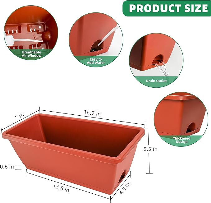 Window Box Planter, 12 Pack Plastic Vegetable Flower Planters Boxes 17 Inches Rectangular Flower Pots with Saucers for Indoor Outdoor Garden, Patio, Home Decor (Brick RED) (Brick RED) LOCONHA