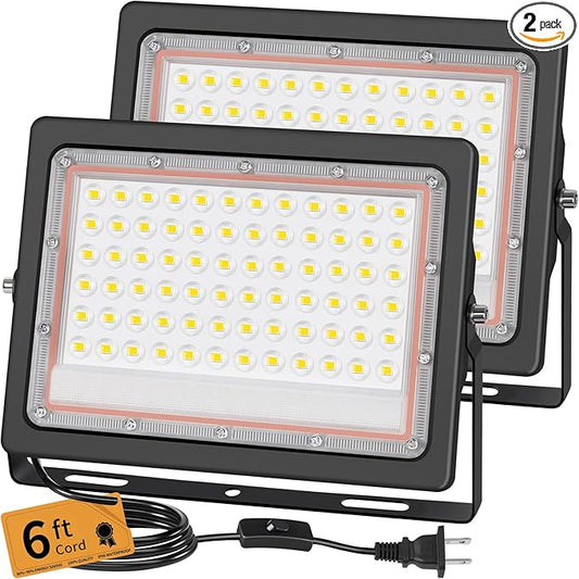 60W LED Flood Light Outdoor with 6ft Plug, 7200LM Brighter Exterior Security Lights, 5000K Daylight Floodlights, IP66 Waterproof for Yard, Garage, Workshop, Lawn, 2 Pack YAYIT