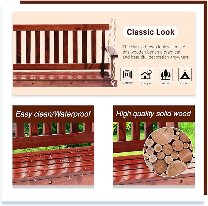 Outdoor Wooden Porch Swing 4Ft Patio Porch Swing Bench 800 LBS Load-Bearing Capacity Swing Chair Two-Person Seating with Adjustable Hanging Chains, Durable Swing Bench for Courtyard, Garden, Backyard FDW