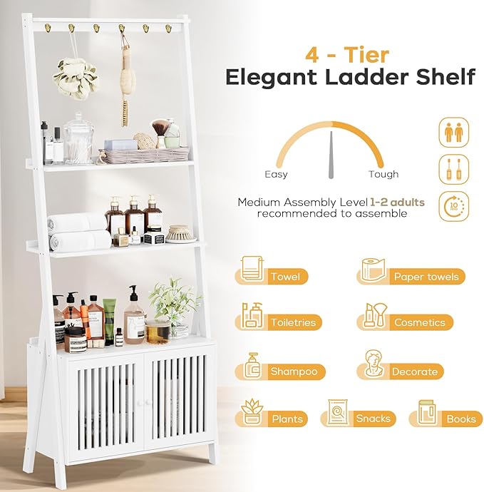 4-Tier Ladder Shelf with Drawers 59.5"H x 24.8"L x 10.6"W, Ladder Bookshelf with 6 Hooks, Tall Narrow Retro Bookcase, Freestanding Storage Shelf for Living Room, Home Office, Bedroom, White OAKVIVOElegantLifestyle
