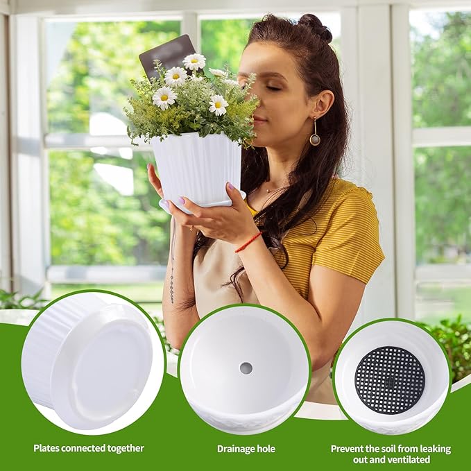 Plant Pots - 5.5 Inch Cylinder Ceramic Planters with Connected Saucer, Pots for Succuelnt and Little Snake Plants, Set of 4, White sietpoek