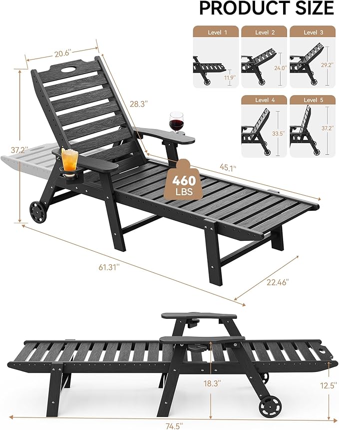 Carauci Lounge Chair Outdoor, HDPE Chaise Lounge with Wheels, 5-Position Adjustable Backrest & 2 Cup Holders Patio Lounge Chair, All-Weather Pool Sun Lounger for Poolside, Backyard, Black Carauci