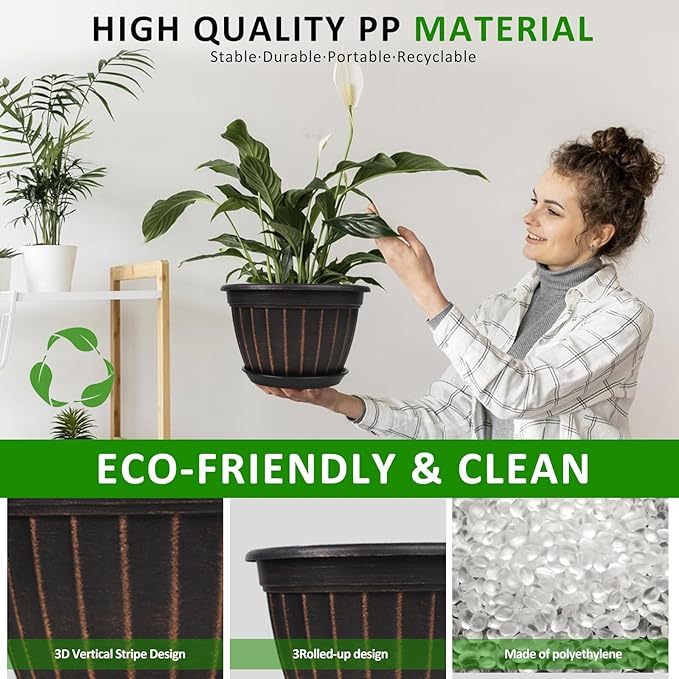 FGstyle 4 Pack Flower Pots,8 Inch Plants Pot,Planters Pot with Drainage Hole & Saucer,Modern Planters for Indoor Outdoor Plants,Decorative Resin Garden Pots for Outdoor Indoor Home Plants (Black) FGstyle