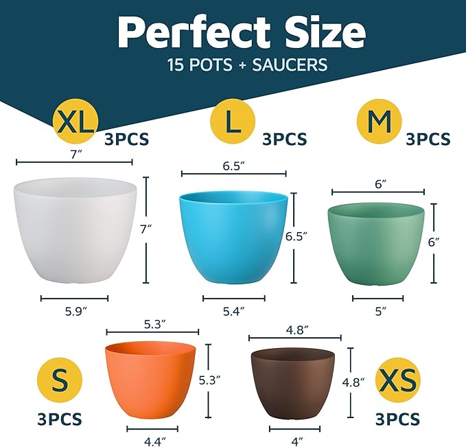 Multicolor Plant Pots with Drainage Holes & Saucers 15 Pack, Indoor & Outdoor Stackable Space-Saving Planters for Houseplants & Flowers, (7", 6.7", 6", 5.3", and 4.8" Inches), Durable & Weatherproof LIFEMASTER