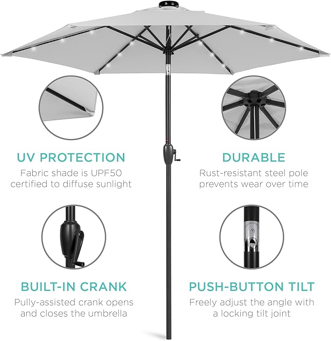 Best Choice Products 7.5ft Outdoor Solar Market Table Patio Umbrella for Deck, Pool w/Tilt, Crank, LED Lights - Fog Grey BestChoiceProducts