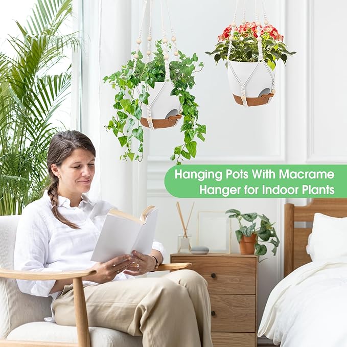 Hanging Planters for Indoor Outdoor Plants, 2 Pack Self Watering Hanging Pots, Hanging Plant Baskets with Drainage Holes & 2 Types of Plant Hangers (White, 6'') Vanslogreen