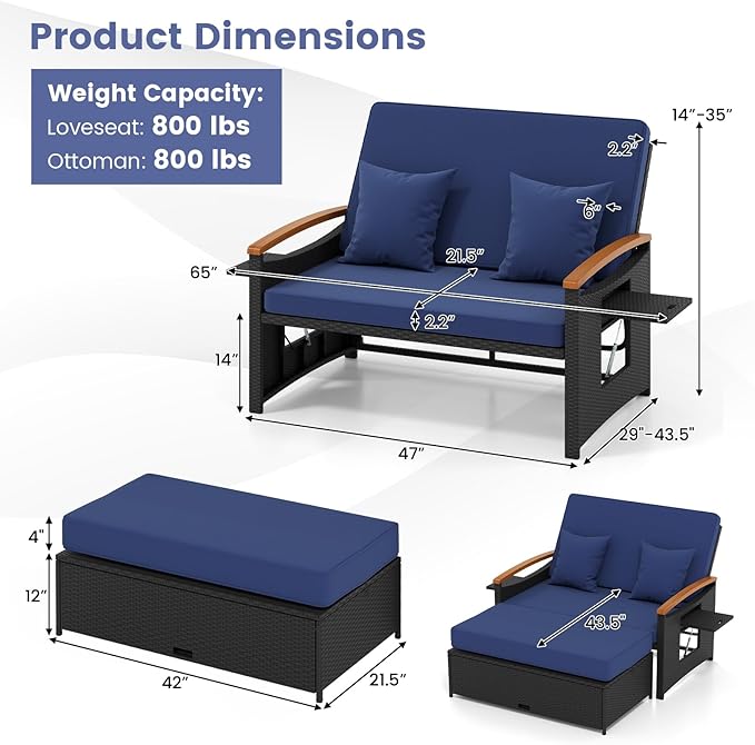 Tangkula Patio Rattan Daybed with 4-Level Adjustable Backrest, Outdoor Wicker Loveseat with Acacia Wood Armrest, Storage Ottoman & Folding Tray, Double Sunbed for Yard & Poolside (Navy & Black) TANGKULA