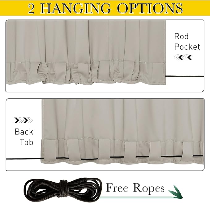 NICETOWN 2 Panels Outdoor Curtains for Patio Extra Wide 84", Waterproof & Windproof Grommet & Back Tab Fixed Top and Bottom Sun Blocking Privacy Drapes with Rope for Gazebo, Natural, W84 x L108 NICETOWN