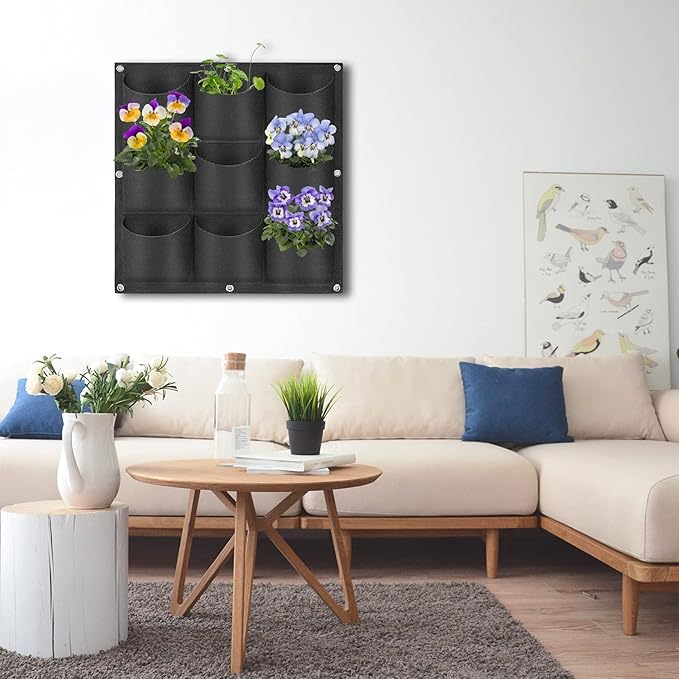 9 Pockets Hanging Planter Bags, Hanging Vertical Wall Mounted Plant Planting Grow Bags, Herb Garden Planter Outdoor Indoor Growing Bag, Gardening Vertical Greening Flower Container(0.5m×0.5m, Black) Pehciroe