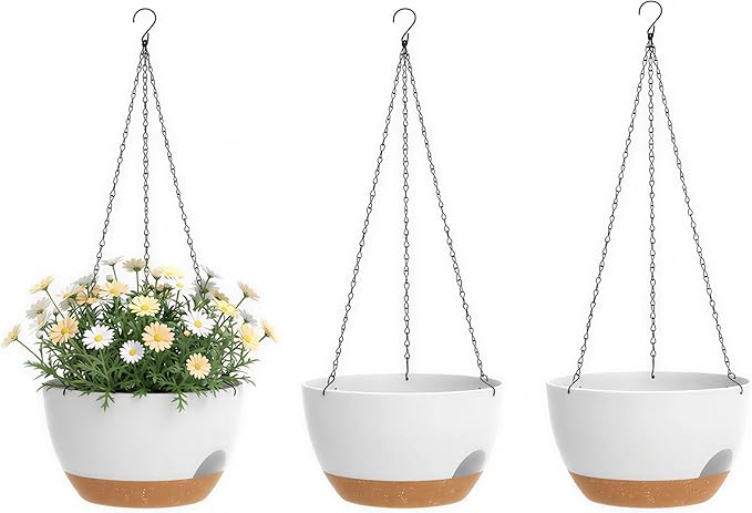 Hanging Planters 3-Pack, 8 Inch Self-Watering Hanging Pots with Drainage Hole and Chains, Plastic Planters for Indoor Outdoor（White Brown） Rootora