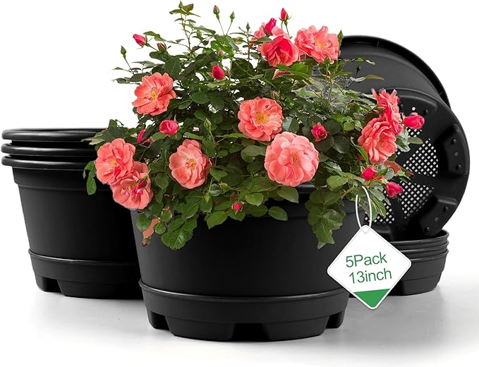 Outdoor Flower Pots 5 Packs 13 inch pots for Plants Modern Decorative Garden Pot with Saucer, Lightweight Large Resin Planters for Indoor Plants,Decorative Resin Plant pots KPUVX