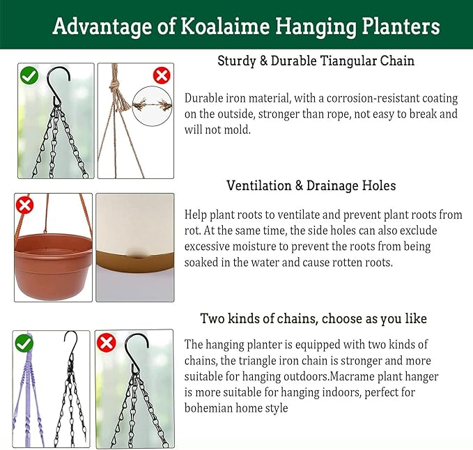 2 Pack Hanging Planters Set,10 Inch Indoor Outdoor Hanging Plant Pot Basket,Hanging Flower Pot with Drainage Hole with 3 Hooks for Garden Home(Purple Hanger White Planters) Koalaime