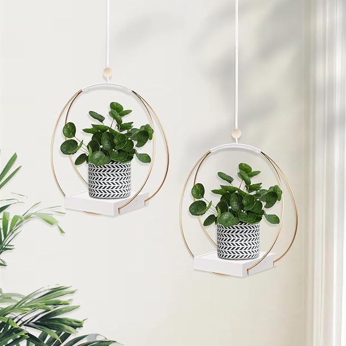 2 Pack Hanging Planter Holder for Indoor Plants, Plant Hanger with Sturdy Wood Base,Modern Boho Macrame Wall Ceiling Window Stands(Plants/Pots Not Included) hismocal