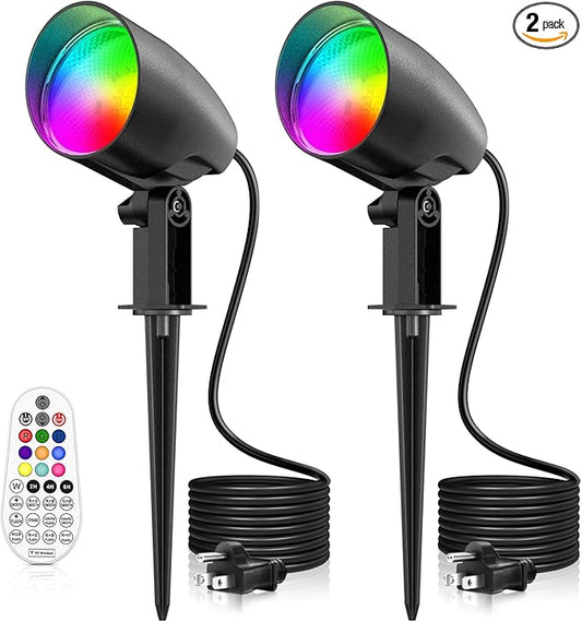 ZZXX 20W RGB Outdoor Spotlight Halloween 120V Color Changing Landscape Lights Waterproof LED Multicoloured Spotlights, Dimmable, Timer, Memory Function with US 3-Plug in (2 Pack) ZZXX