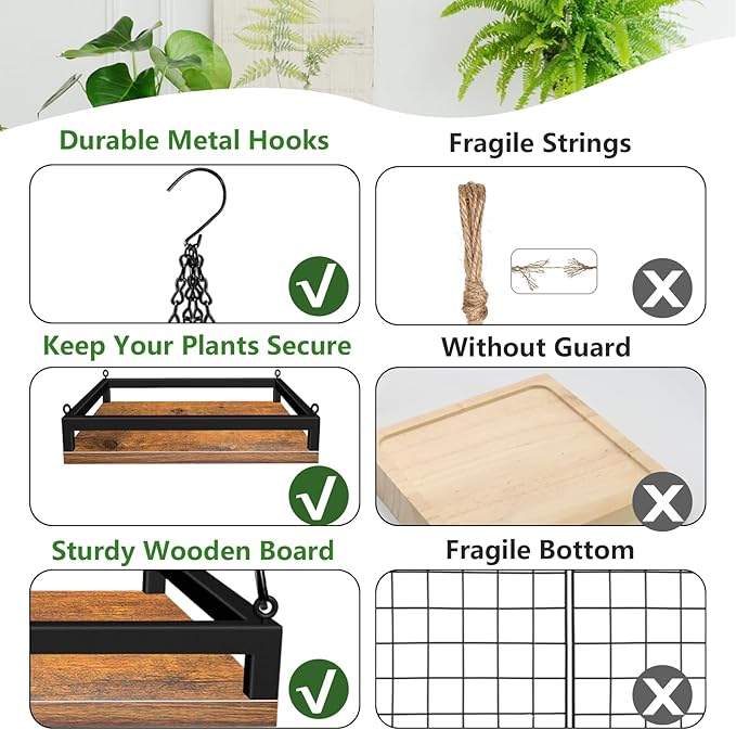 Plant Hanger Indoor, 11.8" Wooden Hanging Plant Holder with Metal Frame Hanging Planter for Indoor Plants Load 50LB Hanging Plant Shelf with 27.6" Long Chain, Ideal for Heavier Pots Ceiling（2 pack） Lilybud--lily