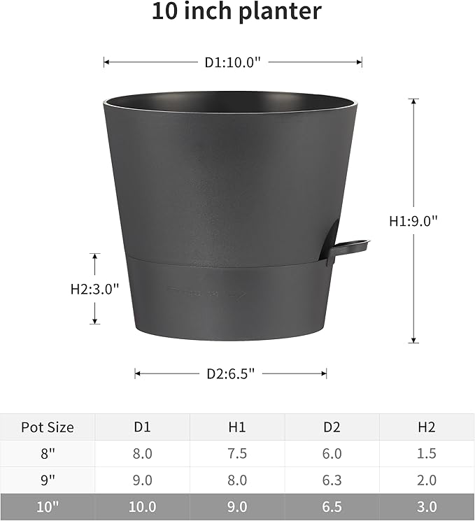FaithLand 2-Pack 10 Inch Planter Pots for Indoor Outdoor Plants, Self Watering Flower Pots with Deep Reservoir, Black … FaithLand