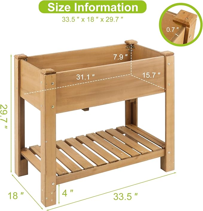 Raised Garden Bed with Legs - Elevated Wooden Planter Box, Durable Fir Wood, Reinforced Frame with Drainage Holes, Liner, and Storage Shelf for Vegetables, Herbs, Flowers, 33.5" x 18" x 30" Ketive