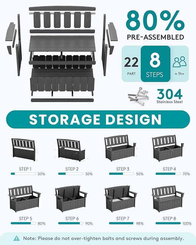 SERWALL HDPE Outdoor Storage Bench, All-Weather, UV-Resistant Deck Box with Waterproof Storage Bags, 57 Gallon Dual-Use Seat & Organizer Deck Boxes for Patio, Garden Tools & Pool (Gray) SERWALL