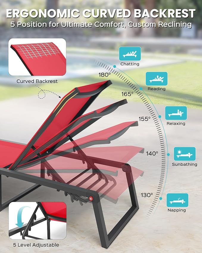 Aluminum Chaise Lounge Chair Outdoor, Foldable & Assembly Free Patio Pool Lounge Chairs 5-Position Recliner for Outside Poolside, Fully Grounded Legs Sun Lounger for Beach, Yard, Red Oasbira