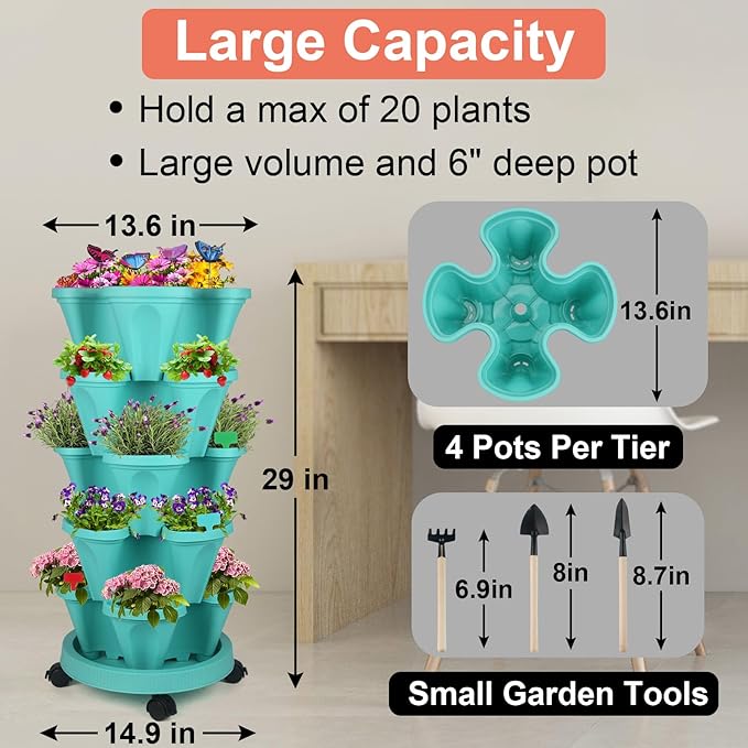 DUNCHATY Stackable Planter, Teal, 6 Tier Garden Tower, Self Watering, Indoor/Outdoor, with Garen Tool Set DUNCHATY