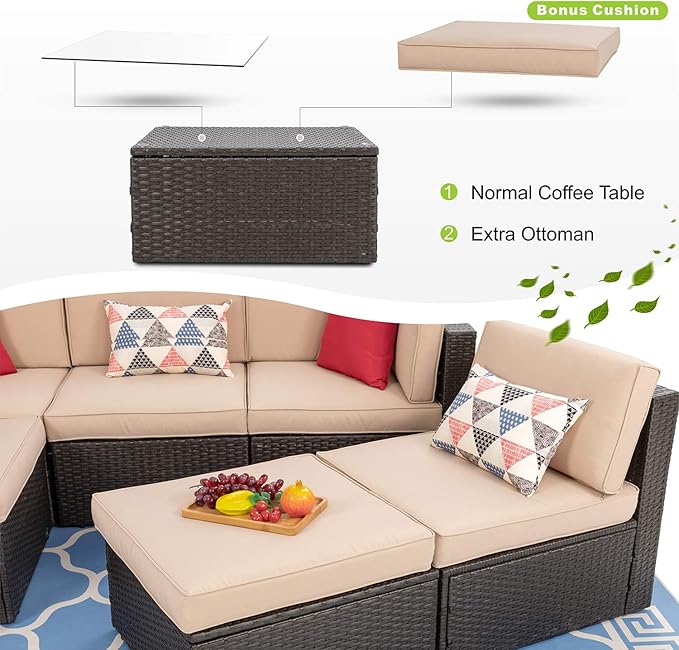 Vongrasig 6 Piece Patio Furniture Set, Small Outdoor Sectional Sofa Couch, All Weather PE Wicker L-Shaped Corner Patio Sofa Garden Backyard Patio Conversation Set w/Glass Table, Beige Vongrasig