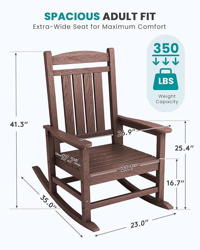 SERWALL HDPE Outdoor Rocking Chair Set of 2, Oversized Patio Rocking Chairs, All-Weather Porch Rockers for Adults, Coffee SERWALL