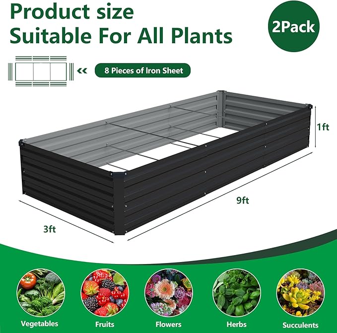 Vengarus 2 Pack 9x3x1FT Galvanized Raised Garden Bed Kit, Outdoor Metal Planter Box for Vegetables, Rectangular Steel Container, Easy Assembly (Black) Vengarus