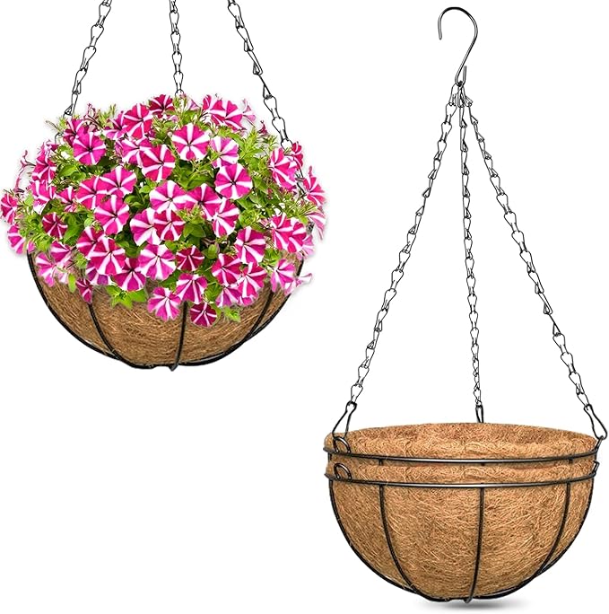 ZeeDix 3 Pack 10 Inch Metal Round Hanging Planter Basket with Coconut Liners Replacement, Hanging planters Baskets with Natural Coco Liner for Outdoor Indoor Planters Flowers Vegetables ZeeDix