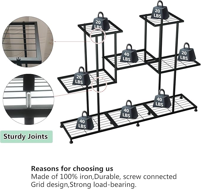 Twhep Metal Plant Stand, 5 Tiers Multifunctional Plant Stands for Indoor Plants, Decorative Black Steel Plant Shelf for Indoor Patio Garden Balcony and Yard (4 tiers 12 pots) Twhep