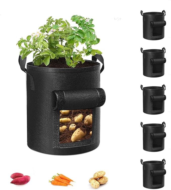 5-Pack 10 Gallon Potato Grow Bags, Garden Planting Bag with Reinforced Handle, Thickened Nonwoven Fabric Pots for Tomato, Vegetable and Fruits Cavisoo