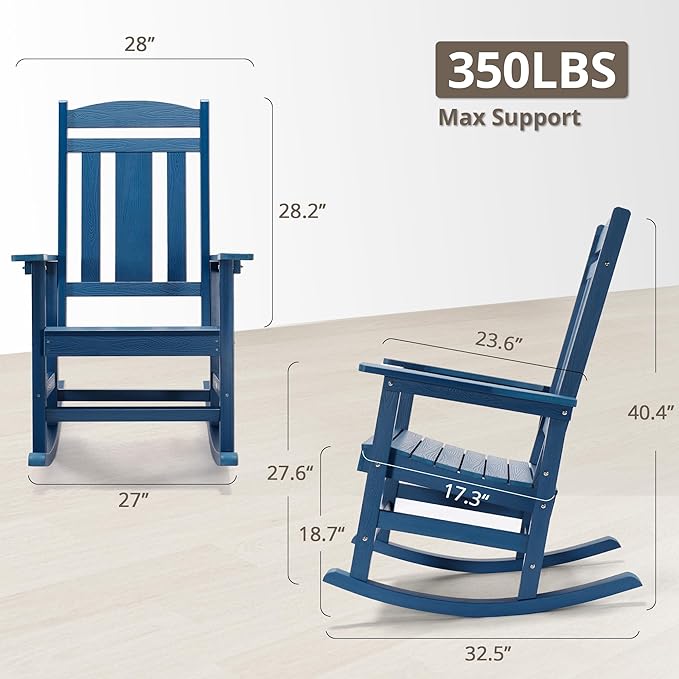 LUE BONA Outdoor Rocking Chairs Set of 4, Weather Resistant HDPS Poly Rocker Chairs, 350lb Heavy Duty, Oversized Porch Rocker for Adult, High Back Smooth Rocking for Outdoor & Indoor, Blue LUEBONA
