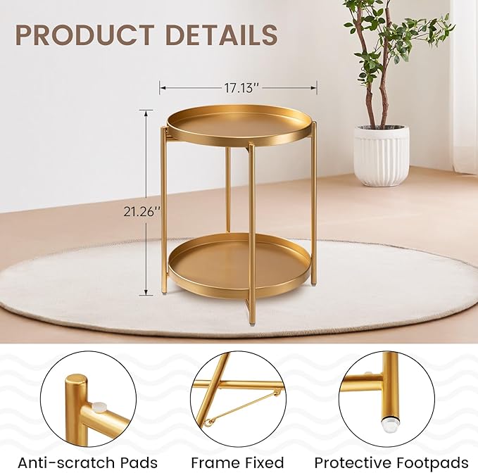 danpinera 2-Tier End Table, Outdoor Side Table, Metal Round Desk with Removable Tray, Small Folding Accent Desk, Anti-Rust Nightstand for Bedroom Balcony Patio Living Room, Set of 2 (Gold) danpinera