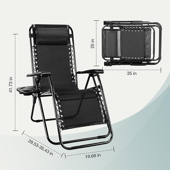 NEWBULIG Zero Gravity Chair Set of 4, Lounge Chair Folding Portable Adjustable Camping Reclining Chairs with Adjustable Pollow, Mesh Back, Cup Holder Trays Lawn Patio Chair for Pool Beach - Black NEWBULIG