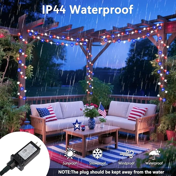 4th of July Decorations Red White and Blue Lights, 200 LED 66FT String Light Plug-in, 8 Modes 4th of July Lights for Indoor Outdoor Independence Day Memorial Day American Flag Patriotic Holiday Decor SANJICHA