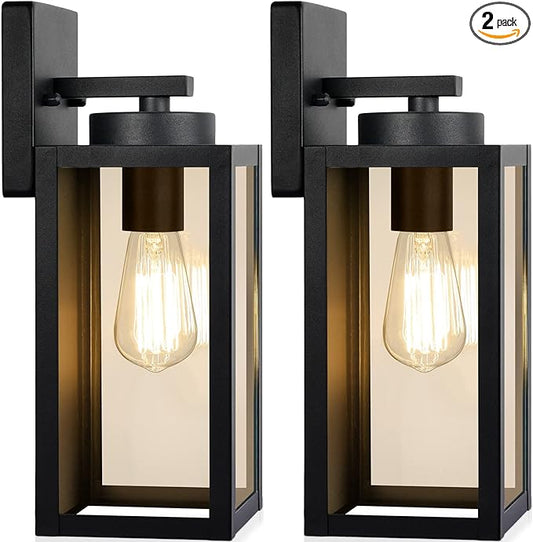 Outdoor Wall Light Fixtures, Exterior Waterproof Wall Lanterns, Porch Sconces Lighting with E26 Sockets & Glass Shades, Modern Matte Black Outside Lights for Patio Front Door Entryway Garage, 2-Pack BringYouBrightFuture