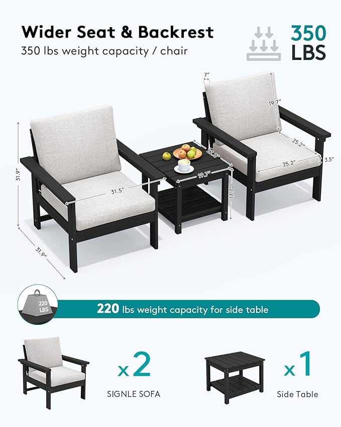 SERWALL HDPE Patio Sofa Set, 3-piece Sectional Outdoor Furniture Set, All Weather Outdoor Couch Set Patio Furniture Set for Deck, Lawn, Black Frame with Khaki Cushion SERWALL