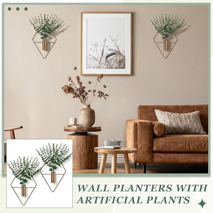 4 Pieces Bronze Wall Decor Hanging Planters with Artificial Plants Metal Hanging Vase Indoor Plants Holder Modern Boho Wall Art for Bathroom Bedroom Living Room Decor, Eucalyptus Canlierr