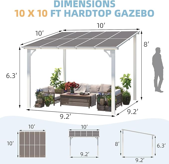 AECOJOY 10' x 10' Pergola Gazebo in White, Small Wall Mounted Pergolas and Gazebos on Clearance, Outdoor Patio Lean to Gazebo Metal Awnings for Deck, Porch, Backyard and More AECOJOY
