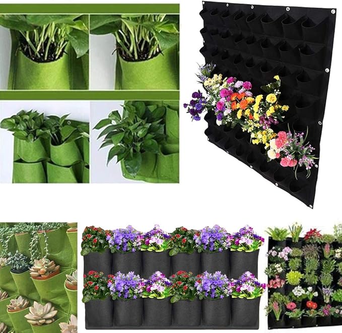 Hanging Planting Grow Bags, 64 Pockets Hanging Vertical Wall Planter Wall Mounted Grow Bag Outdoor Indoor Gardening Vertical Greening Flower Container, Planting Bags Storage Bags(1.0 m × 1.0 m, Black) LITLANDSTAR