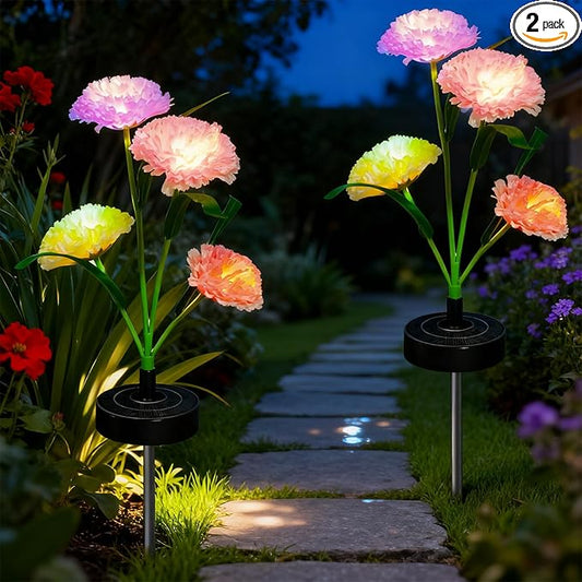 Upgraded Solar Garden Lights, 2 Pack Outdoor Solar Lights, New Round Panel for 40-Hour Runtime, Serve as Outdoor & Indoor Decor, 7-Color Changing Flower Lights, Waterproof for Patio Yard Decoration Rootora