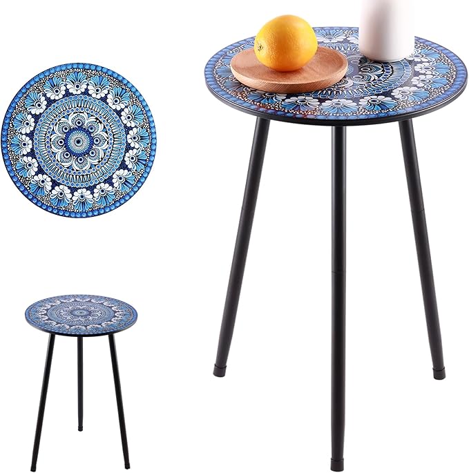 Metal Outdoor Side Tables Set of Two Small Outside Round End Table for Patio Modern Accent Garden Corner Table for Small Spaces, Balcony, Porch, Weather-Resistant, Plant Stand Indoor, Blue PartyZealot
