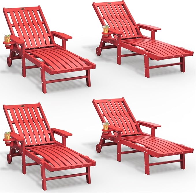 Patio Chaise Lounge Chair Set of 4, Oversized Lounge Chair Outdoor with 5 Positions, HDPE, Patio Lounge Chair with Wheels & Cup Holder for Pool, Deck, Poolside,Red THOEOE