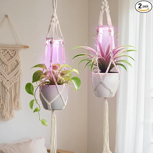 Macrame Plant Hanger with Grow Light: 2 Pack Boho Hanging Planters with Light for Indoor Plants, Ideal for Apartments, Small Spaces, Low-Light Rooms (GrowPro Spectrum) Rootora