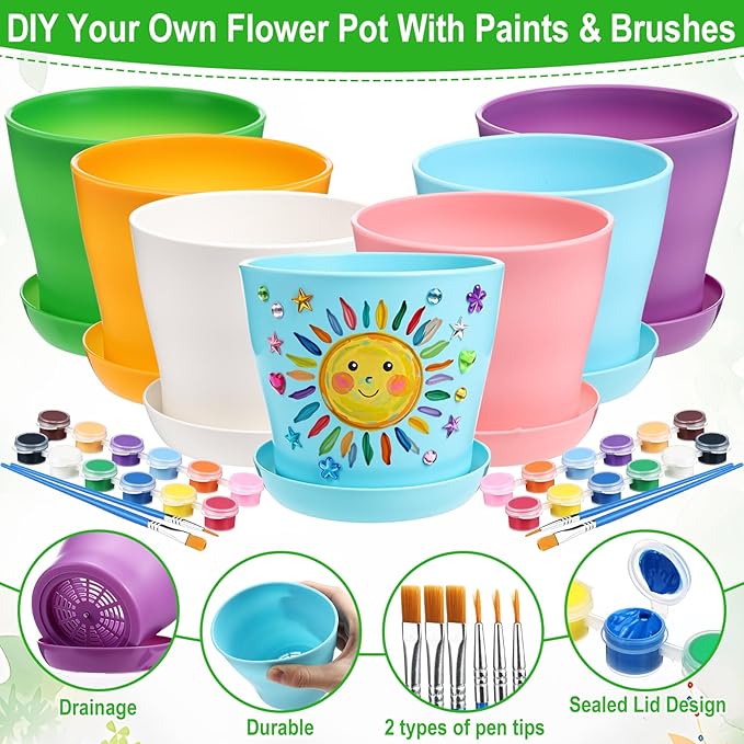 24 Set Garden Plastic Paintable Flower Pot Craft Kit 4" Starter Pots DIY Painting Party Supplies with Acrylic Paint Strips Gardening Kit for Planting Crafts Birthday Easter Spring Gift Rootora